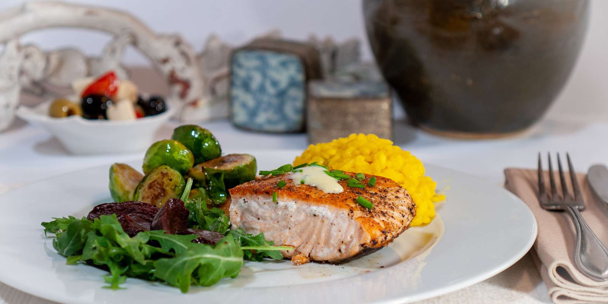 Salmon with Avocado Sauce & Brussels Sprouts