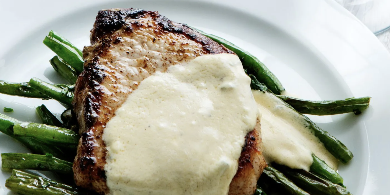 Keto pork chops with blue-cheese sauce