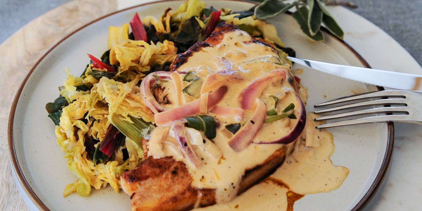 Pork Steaks, Creamy Marsala Sauce & Greens