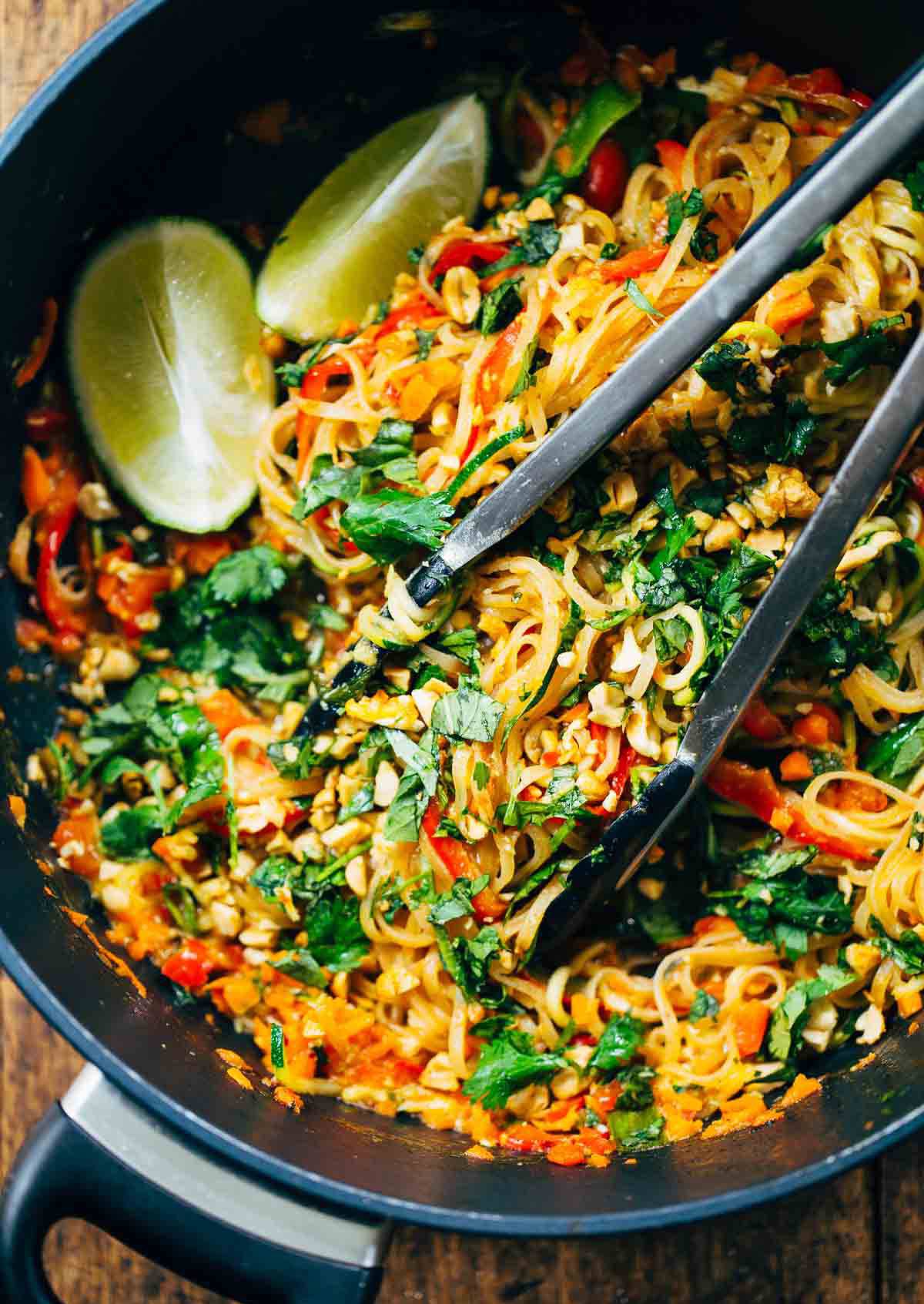Rainbow Vegetarian Pad Thai with Peanuts and Basil