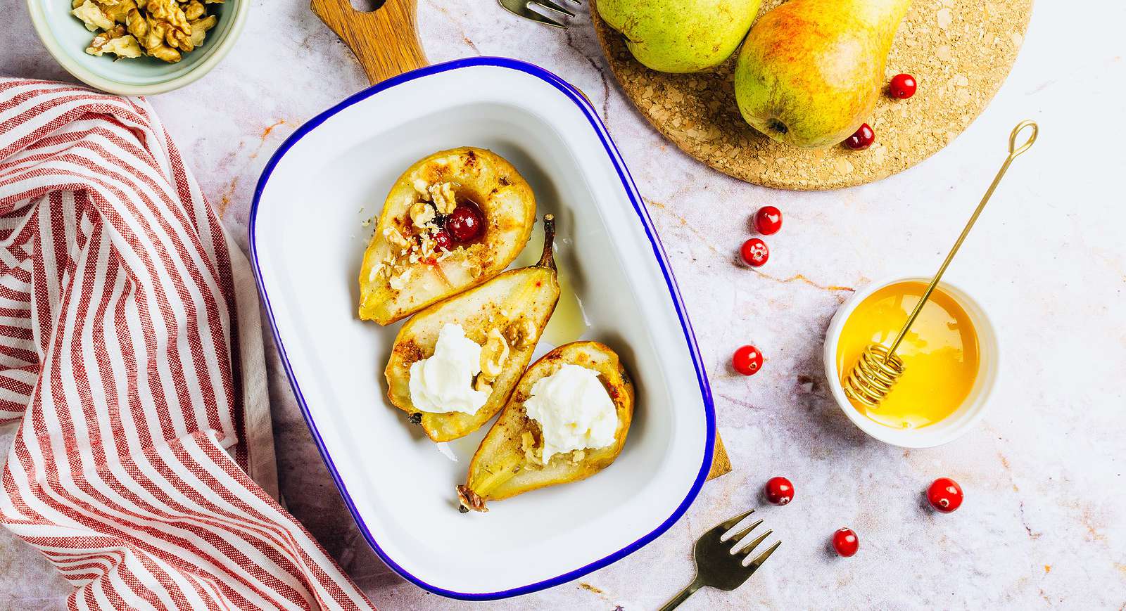 Baked Pears with Honey, Cranberries & Pecans