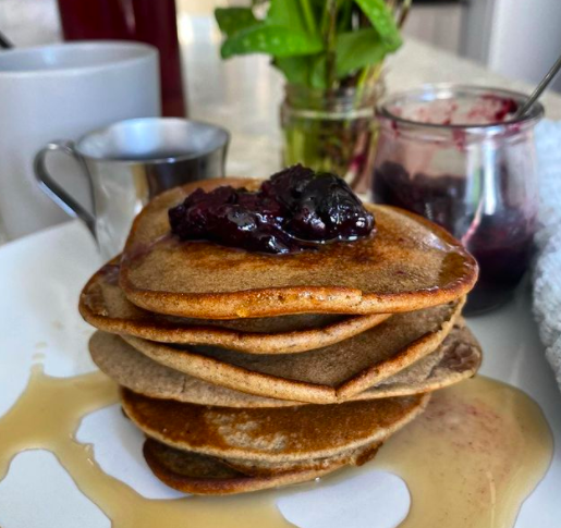 Blender Buckwheat Pancakes w/ Cherry Compote