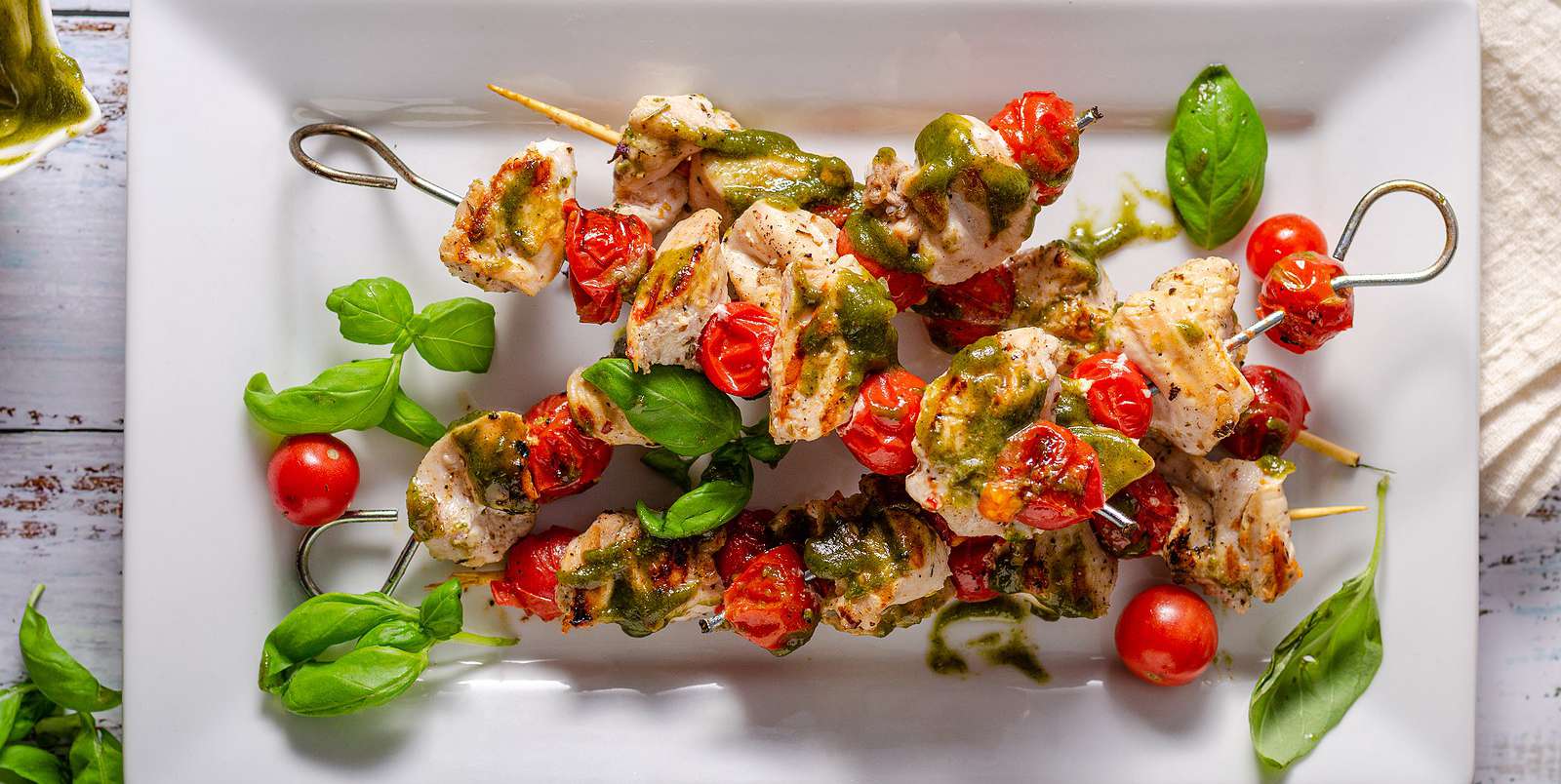 Keto Grilled Pesto Chicken and Tomato Kebabs