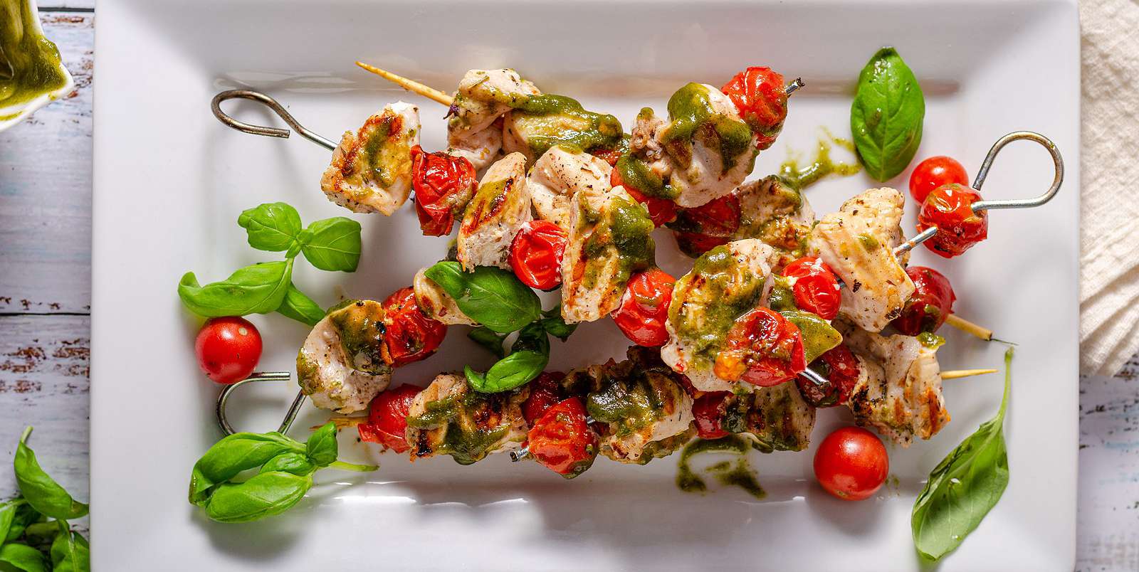 Keto Grilled Pesto Chicken and Tomato Kebabs