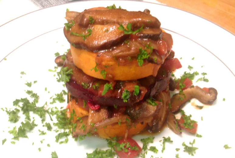 Root Vegetable Stacks with Wild Mushroom Ragout