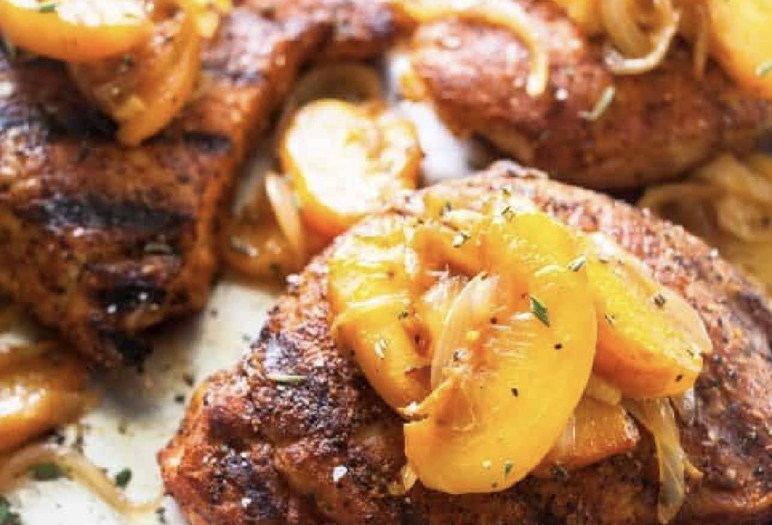 BBQ rubbed Pork Chops and Peaches