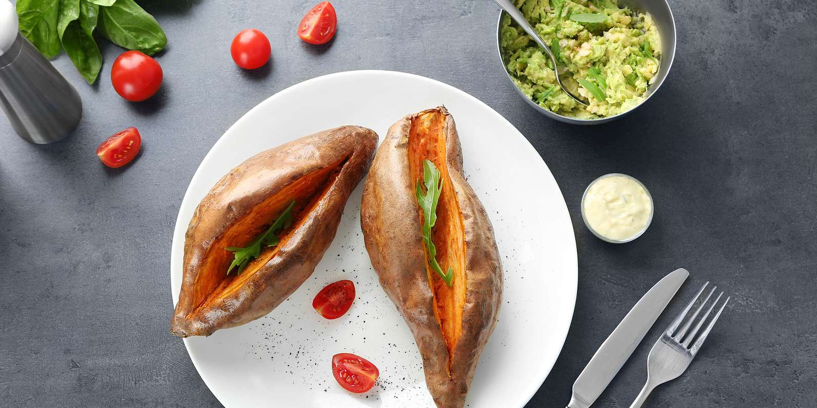 Stuffed Sweet Potato with Avocado, Hummus, & Feta