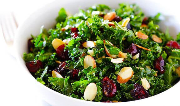 Kale Salad with Cranberries, Almonds, Goat Cheese